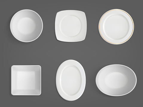 Top view of white different shapes bowls