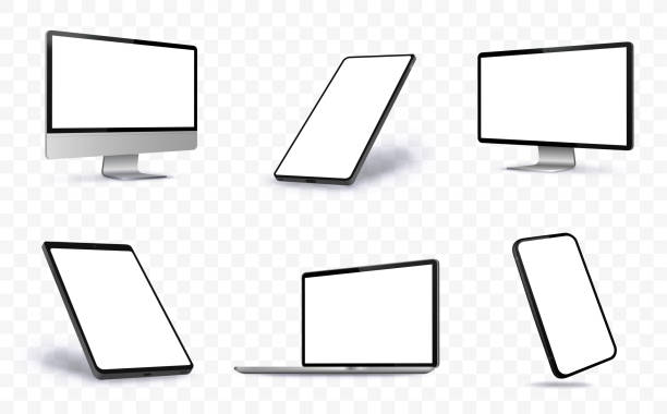computerbildschirm, laptop, tablet pc und handy vektor-illustration mit perspektivischen ansichten. - tablet stock-grafiken, -clipart, -cartoons und -symbole