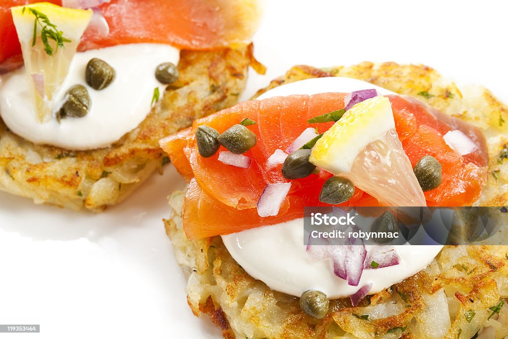 Räucherlachs-Kartoffelpuffern - Lizenzfrei Draufsicht Stock-Foto