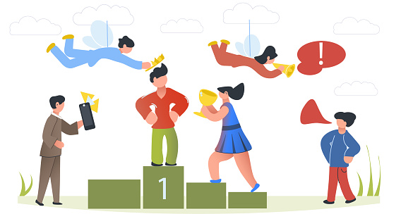 Winner reward. Award Ceremony. People lay a laurel golden wreath. Victory notification through a megaphone. Presentation of the cup. Photo with a winner. Stock vector illustration. Cartoon characters.