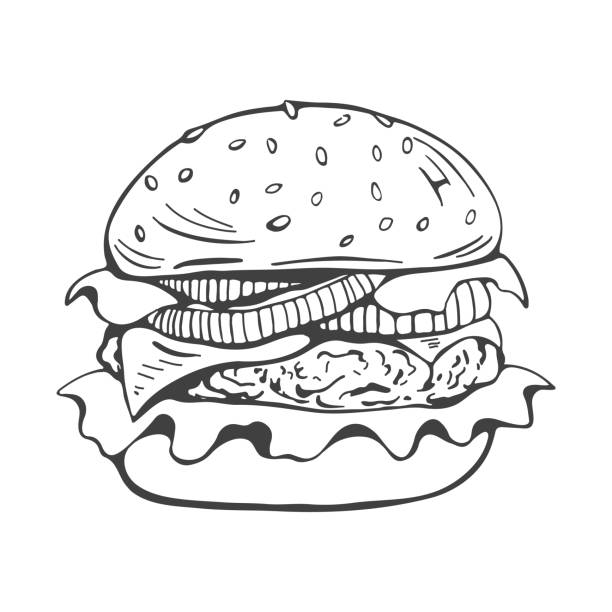 illustrazioni stock, clip art, cartoni animati e icone di tendenza di hamburger dipinto, ottimo panino delizioso, poster retrò grunge in bianco e nero. illustrazione vettoriale - food meat doodle dairy product