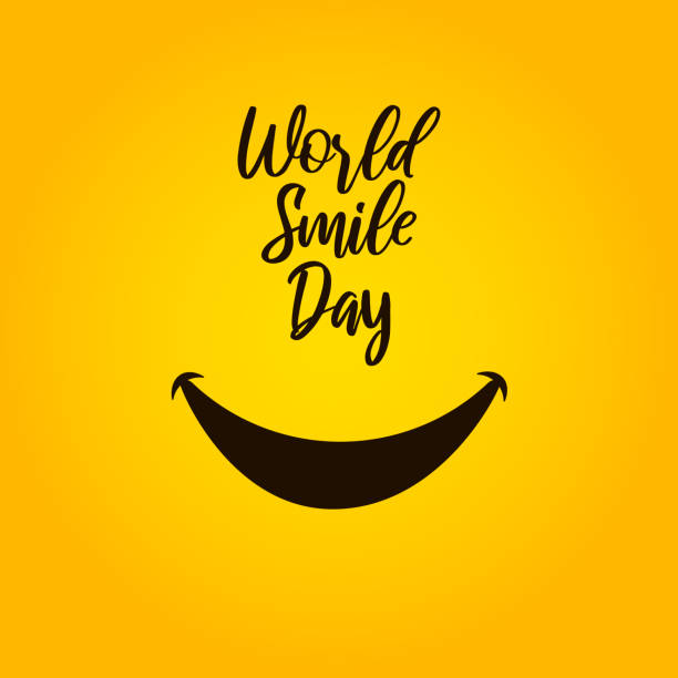 Smile with tongue and lettering World Smile Day on yellow background. World Smile Day banner. Vector illustration Smile with tongue and lettering World Smile Day on yellow background. World Smile Day banner. Vector illustration World Smile Day stock illustrations