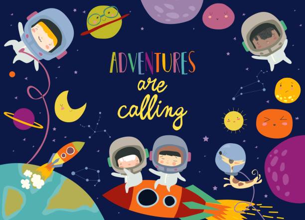 urocza rama składa się z dziewcząt ans chłopców astronautów jazda rakietą - heat beautiful joy happiness stock illustrations