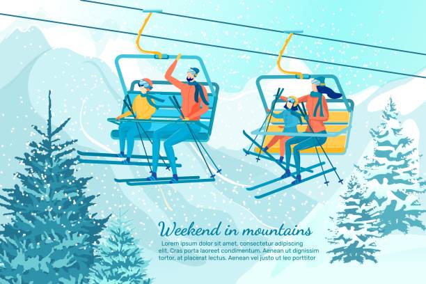 Weekend in Mountains Banner, Copy Space for Text Active Family Spending Time in Winter Resort. Mom, Dad and Their Two Kids, Son and Daughter Wearing Ski Gear, Traveling Ropeway Chairlift. Weekend in Mountains Banner, Copy Space for Extra Text. kids snow suits stock illustrations