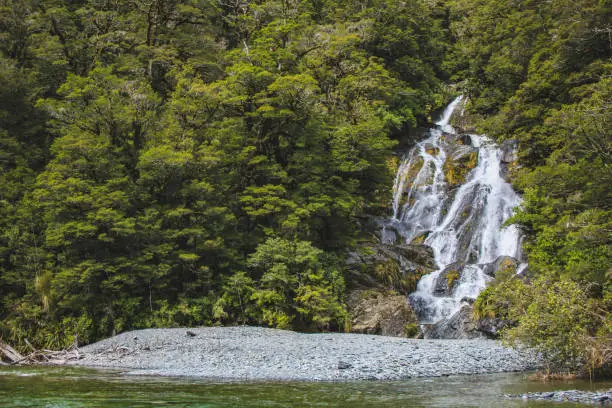 Photo of Fantail Falls in Mount Aspiring National Park, South Island, New Zealand