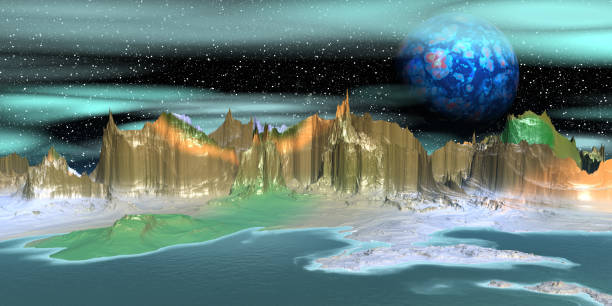istock Alien Planet. Mountain and lake. 3D rendering 1193537666