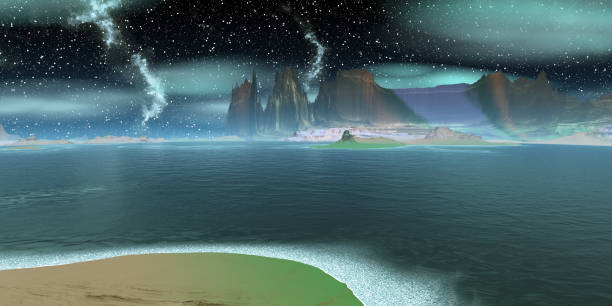 istock Alien Planet. Mountain and lake. 3D rendering 1193537682