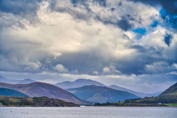 Panoramic view at Scotlands beauty landscapes. Looking over Loch Broom at Ullapool in the northwestern part of Scotland.