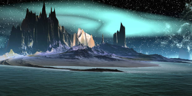 istock Alien Planet. Mountain and lake. 3D rendering 1193537738