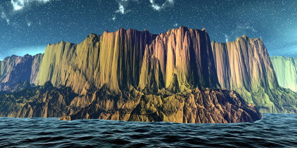 istock Alien Planet. Mountain and lake. 3D rendering 1193539034