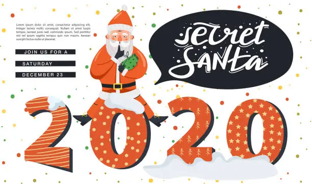 Vector illustration of Secret Santa invitation landing page template. Santa Claus sitting and showing to be silent gesture. Big lettering of 2020 year.