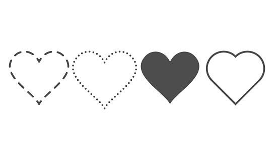 Heart icon set. Outline love vector signs isolated on a background. Gray black graphic shape and dashed dot line art for romantic wedding or valentine gift