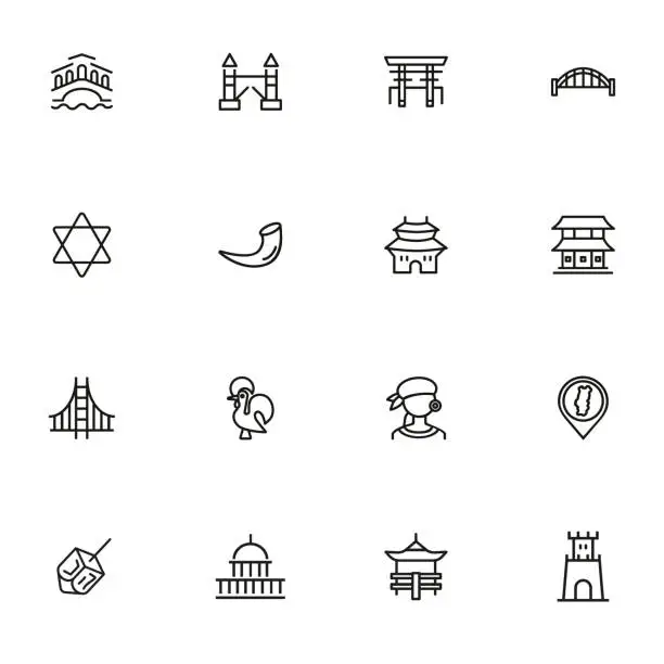 Vector illustration of Landmarks line icon set. Venice, tower bridge