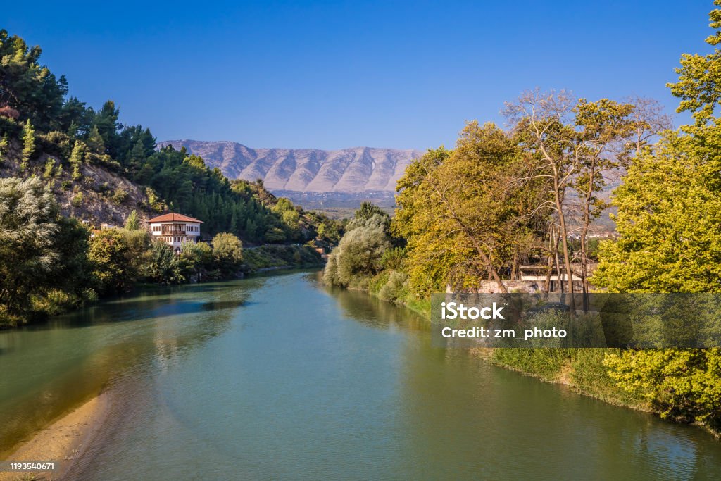 Osum River - Berat, Albania View Of Osum River - Berat, Albania, Europe Albania Stock Photo