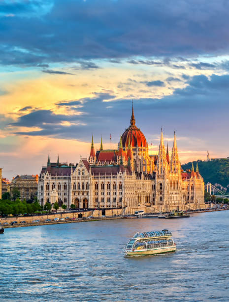 Hungarian Parliament Building in Budapest, Hungary at sunset stock photo