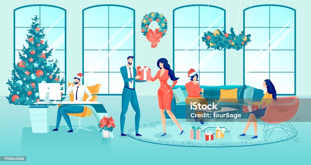 Coworking Office Decorated for Xmas and Coworkers Coworking Office Decorated for Xmas. Happy Coworkers. Man Congratulate Female Colleague with Winter Holidays Giving Gift. Women Friends Chatting at Table. Boss Work on Computer. Vector illustration Office Party stock vector