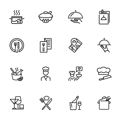 Restaurant service line icon set. Set of line icons on white background. Menu, stewpan, plate, chef. Food concept. Vector illustration can be used for topics like eating, drinking, resting