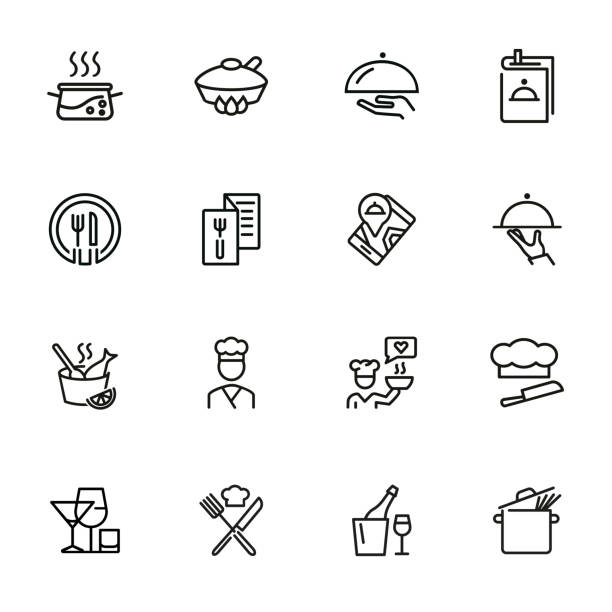 Restaurant service line icon set Restaurant service line icon set. Set of line icons on white background. Menu, stewpan, plate, chef. Food concept. Vector illustration can be used for topics like eating, drinking, resting chef symbols stock illustrations
