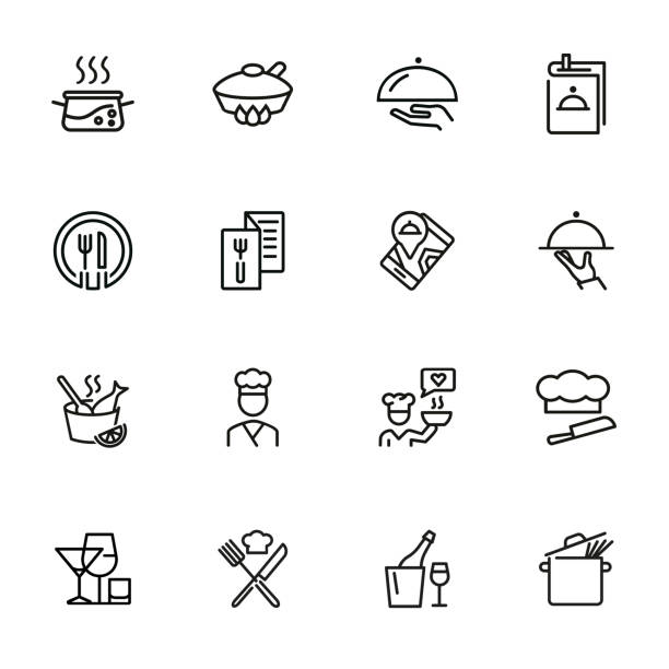 Restaurant service line icon set Restaurant service line icon set. Set of line icons on white background. Menu, stewpan, plate, chef. Food concept. Vector illustration can be used for topics like eating, drinking, resting tasting food at restaurant stock illustrations