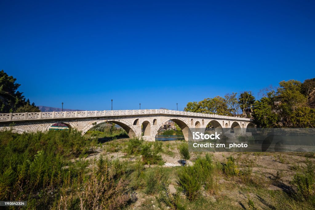 Gorica Bridge Over Osum River - Berat, Albania Ancient Gorica Bridge Over Osum River - Berat, Albania, Europe Albania Stock Photo