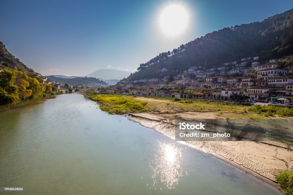 Berat City And Osum River - Berat, Albania Berat City And Osum River - Berat, Albania, Europe Albania Stock Photo
