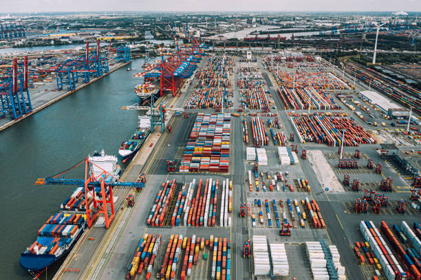 istock Aerial view of a Container harbour 1193545129