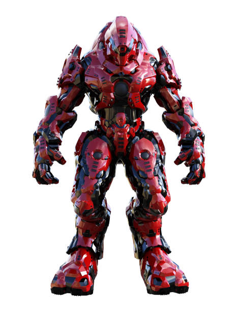 guerriero robotico alieno con armatura rossa, illustrazione 3d - paramilitary foto e immagini stock