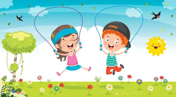 Vector illustration of Little Happy Kids Skipping Rope