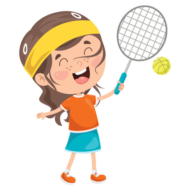 nettes happy kid spielt tennis - tennis court tennis ball table tennis stock-grafiken, -clipart, -cartoons und -symbole