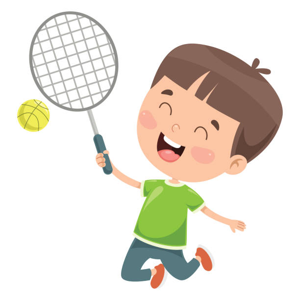 nettes happy kid spielt tennis - tennis court tennis ball table tennis stock-grafiken, -clipart, -cartoons und -symbole