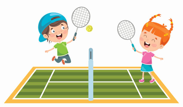 nette glückliche kinder spielen tennis - tennis court tennis ball table tennis stock-grafiken, -clipart, -cartoons und -symbole