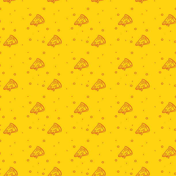 ilustraciones, imágenes clip art, dibujos animados e iconos de stock de patrón divertido y moderno sin costuras de una pizza sobre un fondo de color naranja brillante funky - pizza