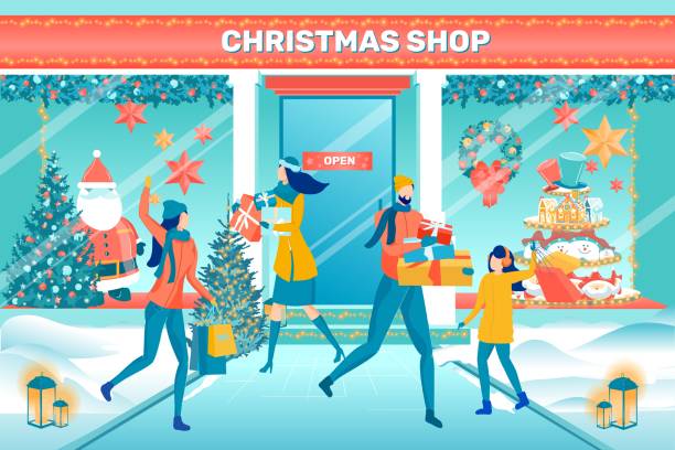 ilustraciones, imágenes clip art, dibujos animados e iconos de stock de gente feliz preparando regalos en la tienda de navidad - shopping christmas women retail