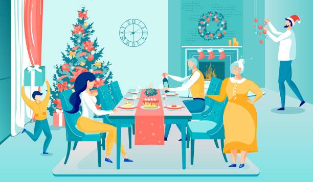 ilustrações de stock, clip art, desenhos animados e ícones de happy big family celebrating christmas at home - christmas dinner