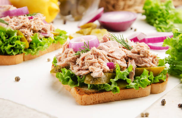 tuna sandwiches with pickled cucumbers and onions on parchment paper - tuna imagens e fotografias de stock