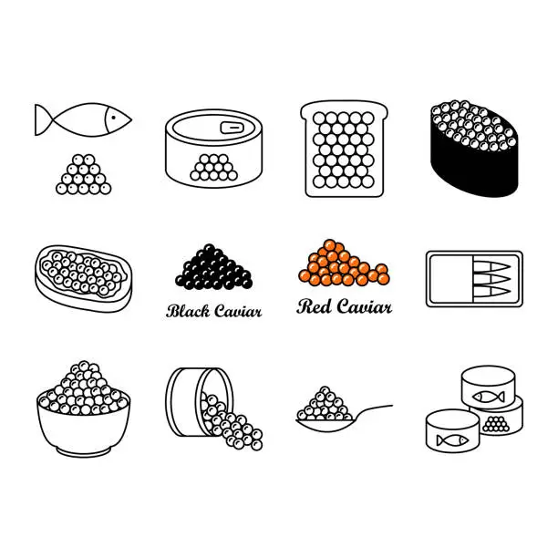 Vector illustration of Red and black caviar icons set