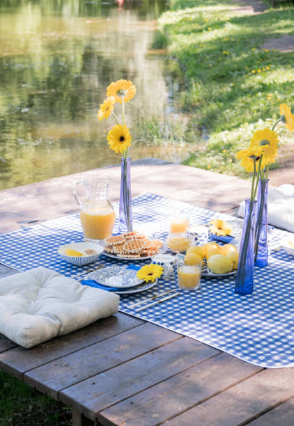 istock Romantic picnic for two. Luxury table setting in blue, gold cutlery, ceramic plates, a checkered tablecloth, waffle dessert, orange juice and fruit, a cup of coffee. Yellow marigold flowers in a vase. 1193556985