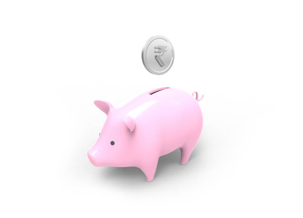 3d render imagem de banco piggy com moeda de prata rúpia - piggy bank gold british currency pound symbol - fotografias e filmes do acervo