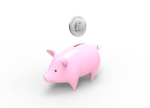 3d render imagem de banco piggy com moeda de prata libra - piggy bank gold british currency pound symbol - fotografias e filmes do acervo