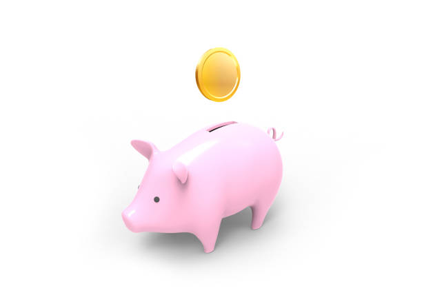 金貨でピギーバンクの3dレンダリング画像 - piggy bank gold british currency pound symbol ストックフォトと画像