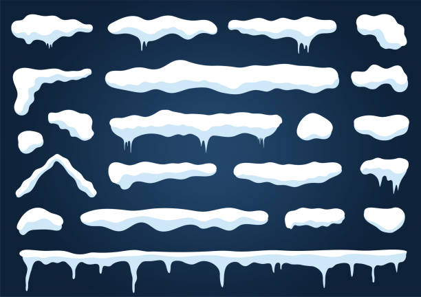 ilustraciones, imágenes clip art, dibujos animados e iconos de stock de tapas de nieve y derivas de nieve aisladas sobre fondo azul. conjunto de gorras blancas de nieve con carámbanos y pilas con textura helada - heap