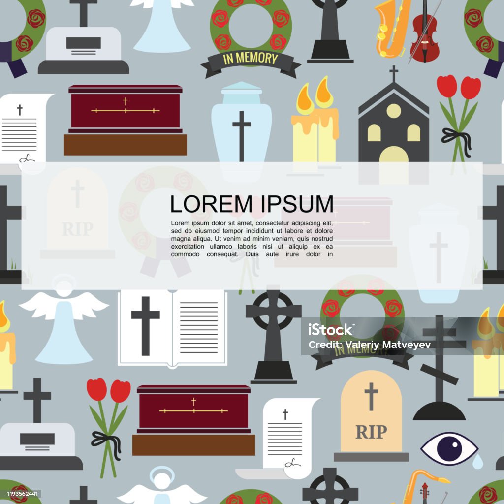 Platte begrafenis gekleurde pictogrammen naadloze patroon - Royalty-free Begrafenis vectorkunst