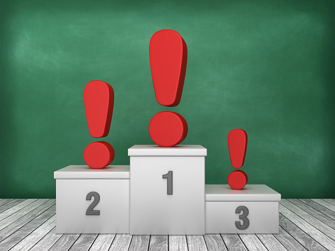 Podium with Exclamation Sign on Chalkboard Background - 3D Rendering