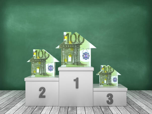 istock Podium with Euro Puzzle House on Chalkboard Background - 3D Rendering 1193562627