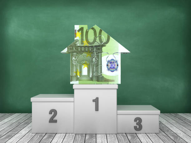 istock Podium with Euro Puzzle House on Chalkboard Background - 3D Rendering 1193562634