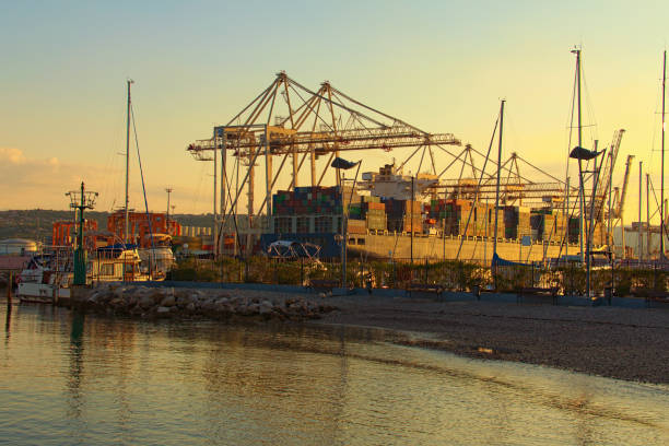 istock Early morning landscape view of harbor of Koper. Container ship loading by containers. Import, export and business logistic. International water transport 1193567623