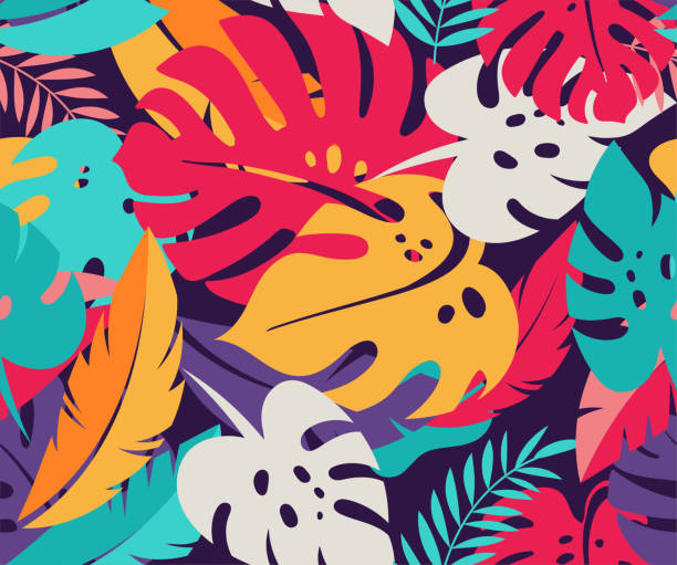 ilustrações de stock, clip art, desenhos animados e ícones de tropical leaves, colorful seamless pattern - latin music illustrations