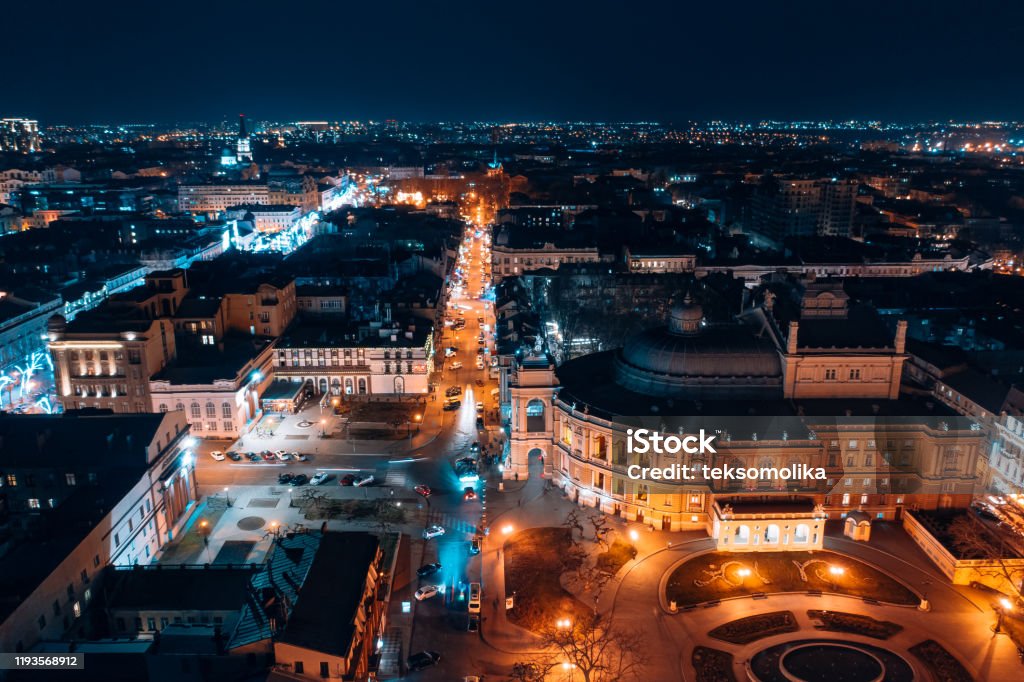 Night view of the opera house in Odessa Night view of the opera house in Odessa. Aerial view Odessa - Ukraine Stock Photo