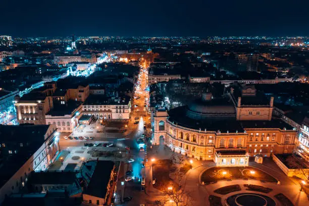 Night view of the opera house in Odessa. Aerial view