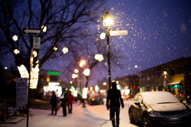 City, city streets covered in snow, first snow